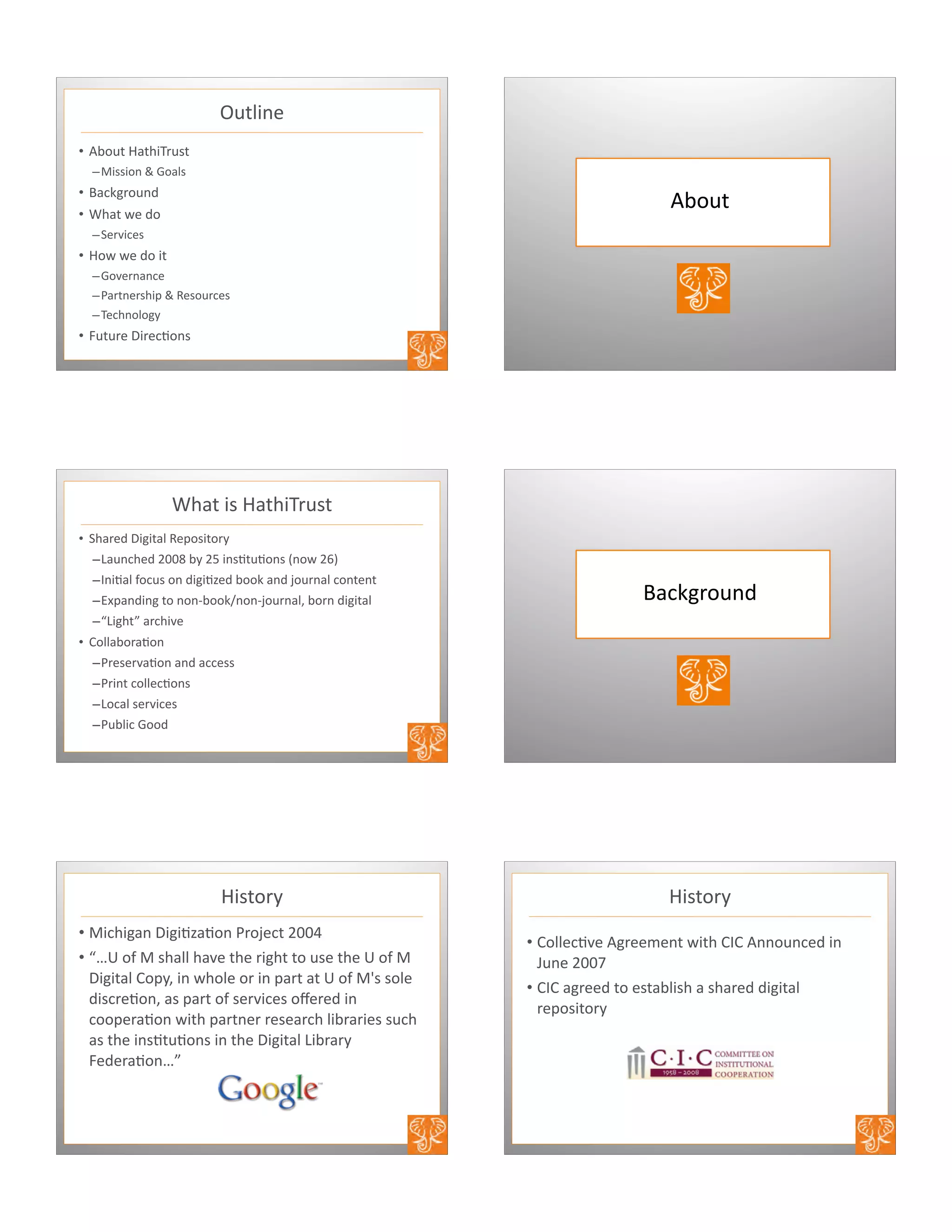 F(#-%64
• ?/2(#*!"#$%&'()#
–A%))%26*L*M2"-)
• N"B=,'2(6O
• G$"#*P4*O2
–E4'9%B4)
• !2P*P4*O2*%#
–M294'6"6B4
–8"'#64')$%3*L*Q4)2('B4)
–&4B$62-2,0
• H(#('4*+%'4B526)
?/2(#*
G$"#*%)*!"#$%&'()#
• E$"'4O*+%,%#"-*Q432)%#2'0
–."(6B$4O*KJJR*/0*KS*%6)5#(526)*T62P*KUV
–D6%5"-*72B()*26*O%,%5W4O*/22=*"6O*X2('6"-*B26#46#
–YZ3"6O%6,*#2*626[/22=626[X2('6"->*/2'6*O%,%#"-*
–].%,$#^*"'B$%94
• 12--"/2'"526*
–8'4)4'9"526*"6O*"BB4))
–8'%6#*B2--4B526)
–.2B"-*)4'9%B4)
–8(/-%B*M22O
N"B=,'2(6O**
!%)#2'0
• A%B$%,"6*+%,%5W"526*8'2X4B#*KJJ_
• ]`@*27*A*)$"--*$"94*#$4*'%,$#*#2*()4*#$4*@*27*A*
+%,%#"-*1230>*%6*P$2-4*2'*%6*3"'#*"#*@*27*Aa)*)2-4*
O%)B'4526>*")*3"'#*27*)4'9%B4)*2b4'4O*%6*
B2234'"526*P%#$*3"'#64'*'4)4"'B$*-%/'"'%4)*)(B$*
")*#$4*%6)5#(526)*%6*#$4*+%,%#"-*.%/'"'0*
H4O4'"526`^
!%)#2'0
• 12--4B594*?,'44;46#*P%#$*1D1*?662(6B4O*%6*
:(64*KJJc
• 1D1*",'44O*#2*4)#"/-%)$*"*)$"'4O*O%,%#"-*
'432)%#2'0
 