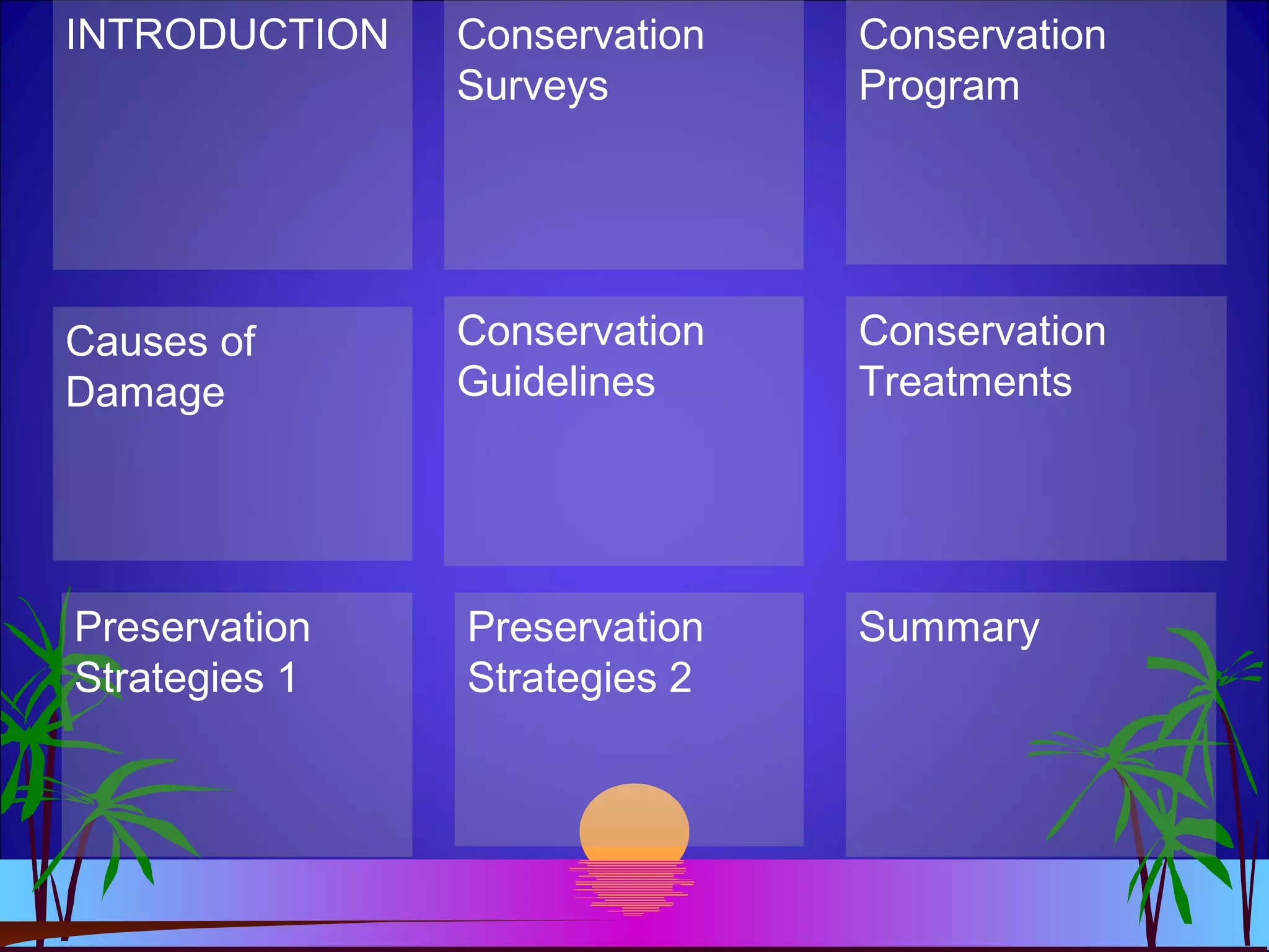 INTRODUCTION Conservation
Surveys
Conservation
Program
Summary
Conservation
Guidelines
Causes of
Damage
Conservation
Treatments
Preservation
Strategies 1
Preservation
Strategies 2
 