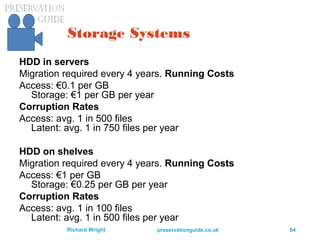 preservationguide.co.uk 84Richard Wright
Storage Systems
HDD in servers
Migration required every 4 years. Running Costs
Access: €0.1 per GB
Storage: €1 per GB per year
Corruption Rates
Access: avg. 1 in 500 files
Latent: avg. 1 in 750 files per year
HDD on shelves
Migration required every 4 years. Running Costs
Access: €1 per GB
Storage: €0.25 per GB per year
Corruption Rates
Access: avg. 1 in 100 files
Latent: avg. 1 in 500 files per year
 