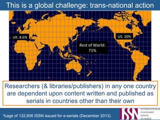 This is a global challenge: trans-national action
%age of 132,806 ISSN issued for e-serials (December 2013)
US:	
  20%	
  UK:	
  8.6%	
  
Rest	
  of	
  World:	
  	
  
71%	
  
Researchers (& libraries/publishers) in any one country
are dependent upon content written and published as
serials in countries other than their own
 