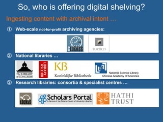 So, who is offering digital shelving?
①  Web-scale not-for-profit archiving agencies:
②  National libraries …
③  Research libraries: consortia & specialist centres …
Ingesting content with archival intent …
National Science Library,
Chinese Academy of Sciences
National Science Library,
Chinese Academy of Sciences
 