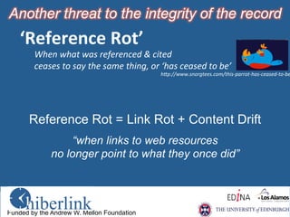 Another threat to the integrity of the record	
  
Language Technology Group	
  
Funded by the Andrew W. Mellon Foundation
‘Reference	
  Rot’	
  	
  
When	
  what	
  was	
  referenced	
  &	
  cited	
  	
  
ceases	
  to	
  say	
  the	
  same	
  thing,	
  or	
  ‘has	
  ceased	
  to	
  be’	
  
hJp://www.snorgtees.com/this-­‐parrot-­‐has-­‐ceased-­‐to-­‐be
Reference Rot = Link Rot + Content Drift
“when links to web resources
no longer point to what they once did”
 