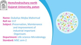 Hemchndrachary north
Gujarat University, patan
Name: Dubaliya Mejba Mahemud
Roll no: 117
Subject :Preservation, Maintenance
and improvement of
industrial important
Organisam.
Department: Life science-Microbiology
Standard: MSC sem-2
 