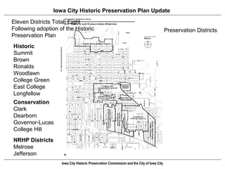 Iowa City Historic Preservation Plan Update

Eleven Districts Total; Eight
Following adoption of the Historic                                                         Preservation Districts
Preservation Plan
Historic
Summit
Brown
Ronalds
Woodlawn
College Green
East College
Longfellow
Conservation
Clark
Dearborn
Governor-Lucas
College Hill
NRHP Districts
Melrose
Jefferson
                    Iowa City Historic Preservation Commission and the City of Iowa City
 