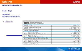 GOSTAR                      AMAR
TESTE / RECOMENDAÇÃO


Sites e Blogs

Disponível
http://www.disponivel.com


• Dados do site:
 