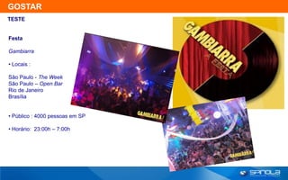 GOSTAR
TESTE


Festa

Gambiarra

• Locais :

São Paulo - The Week
São Paulo – Open Bar
Rio de Janeiro
Brasília


• Público : 4000 pessoas em SP

• Horário: 23:00h – 7:00h
 
