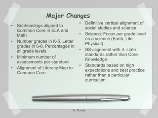 Subheadings aligned to Common Core in ELA and Math Number grades in K-5, Letter grades in 6-8, Percentages in all grade levels Minimum number of assessments per standard Alignment of Literacy Map to Common Core Definitive vertical alignment of social studies and science Science: Focus per grade level on a science (Earth, Life, Physical) SS alignment with IL state standards rather than Core Knowledge Standards based on high expectations and best practice rather than a particular curriculum Major Changes A. Torres 
