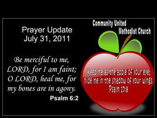 Prayer Update July 31, 2011 ,[object Object],[object Object],Community United Methodist Church Keep me as the apple of your eye; hide me in the shadow of your wings. Psalm 17:8 