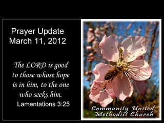 Prayer Update
March 11, 2012

 The LORD is good
to those whose hope
is in him, to the one
   who seeks him.
  Lamentations 3:25
 