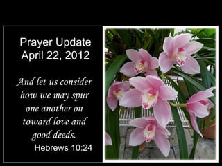 Prayer Update
April 22, 2012

And let us consider
how we may spur
  one another on
 toward love and
   good deeds.
    Hebrews 10:24
 