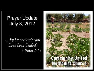 Prayer Update
  July 8, 2012


…by his wounds you
 have been healed.
        1 Peter 2:24
 