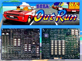 ...uses 2 main CPUs at 10 Mhz (an Amiga 500 runs at 7 Mhz)
the 2nd CPU's only task is to display the roads.
(they're drawn at 30 FPS *only*, the rest of the game at 60)
 