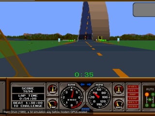 Hard Drivin (1989), a 3d simulation way before modern GPUs existed...
 