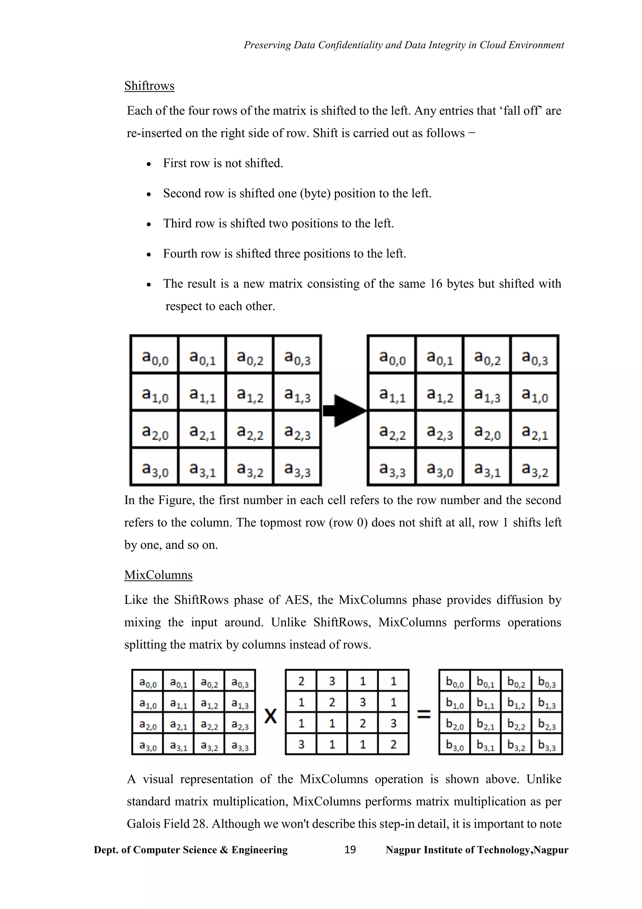 Preserving Data Confidentiality and Data Integrity in Cloud Environment
Dept. of Computer Science & Engineering 19 Nagpur Institute of Technology,Nagpur
Shiftrows
Each of the four rows of the matrix is shifted to the left. Any entries that ‘fall off’ are
re-inserted on the right side of row. Shift is carried out as follows −
• First row is not shifted.
• Second row is shifted one (byte) position to the left.
• Third row is shifted two positions to the left.
• Fourth row is shifted three positions to the left.
• The result is a new matrix consisting of the same 16 bytes but shifted with
respect to each other.
In the Figure, the first number in each cell refers to the row number and the second
refers to the column. The topmost row (row 0) does not shift at all, row 1 shifts left
by one, and so on.
MixColumns
Like the ShiftRows phase of AES, the MixColumns phase provides diffusion by
mixing the input around. Unlike ShiftRows, MixColumns performs operations
splitting the matrix by columns instead of rows.
A visual representation of the MixColumns operation is shown above. Unlike
standard matrix multiplication, MixColumns performs matrix multiplication as per
Galois Field 28. Although we won't describe this step-in detail, it is important to note
 