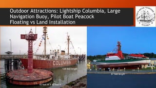 Outdoor Attractions: Lightship Columbia, Large
Navigation Buoy, Pilot Boat Peacock
Floating vs Land Installation
128 feet length
40 feet W X 40 feet H
87 feet length
 