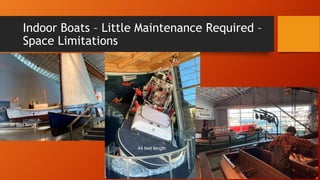 Indoor Boats – Little Maintenance Required –
Space Limitations
44 feet length
36 feet length
 