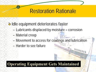 Restoration Rationale
Idle equipment deteriorates faster
– Lubricants displaced by moisture = corrosion
– Material creep
– Movement to access for coatings and lubrication
– Harder to see failure
Operating Equipment Gets Maintained
 