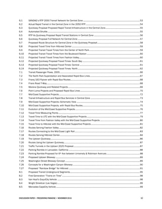 DISCUSSION PAPER • PRESERVING PARADISE • NOVEMBER 2016 xi
6.1 SANDAG’s RTP 2050 Transit Network for Central Zone ..............................................................................................53
6.2 Actual Rapid Transit in the Central Zone in the 2050 RTP..........................................................................................54
6.3 Quickway Proposal Proposed Rapid Transit Infrastructure in the Central Zone.........................................................55
6.4 Automated Shuttle.........................................................................................................................................................55
6.5 RTP Vs Quickway Proposal Rapid Transit Stations in Central Zone ............................................................................56
6.6 Quickway Proposal Full Network for Central Zone .......................................................................................................57
6.7 Proposed Route Structure for Central Zone in the Quickway Proposal.......................................................................58
6.8 Projected Travel Time from Hillcrest Center.................................................................................................................59
6.9 Projected Transit Travel Times from the Center of North Park....................................................................................59
6.10 Projected Transit Travel Times from the Boulevard Station ........................................................................................60
6.11 Projected Transit Travel Times from Fashion Valley.....................................................................................................60
6.12 Projected Quickway Proposal Travel Times: South Bay ...............................................................................................61
6.13 Projected Quickway Proposal Travel Times: Central ....................................................................................................61
6.14 Projected Quickway Proposal Travel Times: North.......................................................................................................62
7.1 Transit Passenger Flows, 2005.....................................................................................................................................66
7.2 The North Park Superstation and Associated Rapid Bus Lines...................................................................................67
7.3 Friars/163 Flyover with Rapid Bus Routes...................................................................................................................68
7.4 Friars Road T-Way ..........................................................................................................................................................68
7.5 Morena Quickway and Related Projects.......................................................................................................................69
7.6 Point Loma Projects and Proposed Rapid Bus Lines...................................................................................................70
7.7 Mid-Coast Supportive Projects ......................................................................................................................................72
7.8 Transit Infrastructure and Rapid Bus Services in Central Zone ..................................................................................73
7.9 Mid-Coast Supportive Projects—Schematic View .........................................................................................................74
7.10 Mid-Coast Supportive Projects, with Rapid Bus Routes...............................................................................................75
7.11 Evolution of the Mid-Coast Supportive Projects ...........................................................................................................76
7.12 Travel Time Measuring Points.......................................................................................................................................77
7.13 Travel Time to UTC with the Mid-Coast Supportive Projects........................................................................................79
7.14 Travel Time from Fashion Valley with the Mid-Coast Supportive Projects ..................................................................80
7.15 Travel Time to Hillcrest with the Mid-Coast Supportive Projects.................................................................................81
7.16 Routes Serving Fashion Valley ......................................................................................................................................82
7.17 Routes Connecting to the Mid-Coast Light Rail............................................................................................................83
7.18 Routes Serving Hillcrest Center.....................................................................................................................................84
7.19 The Uptown Quickway....................................................................................................................................................86
7.20 Routes Using the Uptown Quickway..............................................................................................................................87
7.21 Traffic Tunnels in the Uptown 2025 Proposal..............................................................................................................87
7.22 Parking Rambla in Lancaster, California ......................................................................................................................88
7.23 Parking Rambla Proposed for 6th Ave between University & Robinson Avenues .......................................................88
7.24 Proposed Uptown Bikeway ............................................................................................................................................89
7.25 Washington Street Bikeway Concept ............................................................................................................................89
7.26 Concepts for a Washington Canyon Bikeway ...............................................................................................................90
7.27 Proposed “Rainbow Bridge” for Hillcrest ......................................................................................................................91
8.1 Proposed Transit Underground Segments....................................................................................................................95
8.2 First Generation “Trains on Tires”.................................................................................................................................98
8.3 Van Hool’s ExquiCity Vehicle .........................................................................................................................................98
8.4 Wright Streetcar (Las Vegas).........................................................................................................................................99
8.5 Mercedes CapaCity Vehicle ...........................................................................................................................................99
 