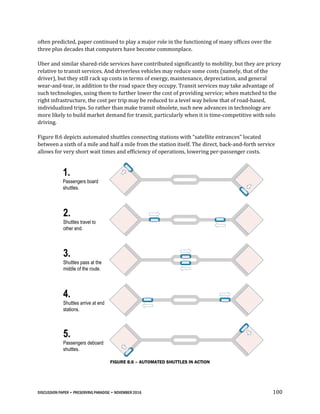 DISCUSSION PAPER • PRESERVING PARADISE • NOVEMBER 2016 100
often predicted, paper continued to play a major role in the functioning of many offices over the
three plus decades that computers have become commonplace.
Uber and similar shared-ride services have contributed significantly to mobility, but they are pricey
relative to transit services. And driverless vehicles may reduce some costs (namely, that of the
driver), but they still rack up costs in terms of energy, maintenance, depreciation, and general
wear-and-tear, in addition to the road space they occupy. Transit services may take advantage of
such technologies, using them to further lower the cost of providing service; when matched to the
right infrastructure, the cost per trip may be reduced to a level way below that of road-based,
individualized trips. So rather than make transit obsolete, such new advances in technology are
more likely to build market demand for transit, particularly when it is time-competitive with solo
driving.
Figure 8.6 depicts automated shuttles connecting stations with “satellite entrances” located
between a sixth of a mile and half a mile from the station itself. The direct, back-and-forth service
allows for very short wait times and efficiency of operations, lowering per-passenger costs.
FIGURE 8.6 – AUTOMATED SHUTTLES IN ACTION
1.
Passengers board
shuttles.
2.
Shuttles travel to
other end.
3.
Shuttles pass at the
middle of the route.
4.
Shuttles arrive at end
stations.
5.
Passengers deboard
shuttles.
 