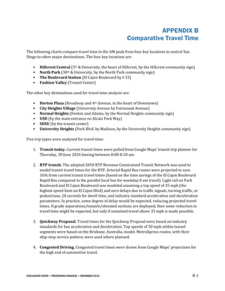 DISCUSSION PAPER • PRESERVING PARADISE • NOVEMBER 2016 B-1
APPENDIX B
Comparative Travel Time
The following charts compare travel time in the AM peak from four key locations in central San
Diego to other major destinations. The four key locations are:
• Hillcrest Central (5th & University, the heart of Hillcrest, by the Hillcrest community sign)
• North Park (30th & University, by the North Park community sign)
• The Boulevard Station (El Cajon Boulevard by I-15)
• Fashion Valley (Transit Center)
The other key destinations used for travel time analysis are:
• Horton Plaza (Broadway and 4th Avenue, in the heart of Downtown)
• City Heights Village (University Avenue by Fairmount Avenue)
• Normal Heights (Fenton and Adams, by the Normal Heights community sign)
• USD (by the main entrance on Alcala Park Way)
• SDSU (by the transit center)
• University Heights (Park Blvd. by Madison, by the University Heights community sign)
Five trip types were analyzed for travel time:
1. Transit today. Current transit times were pulled from Google Maps’ transit trip planner for
Thursday, 30 June 2016 leaving between 8:00-8:20 am.
2. RTP transit. The adopted 2050 RTP Revenue Constrained Transit Network was used to
model transit travel times for the RTP. Arterial Rapid Bus routes were projected to save
16% from current transit travel times (based on the time savings of the El Cajon Boulevard
Rapid Bus compared to the parallel local bus for weekday 8 am travel). Light rail on Park
Boulevard and El Cajon Boulevard was modeled assuming a top speed of 35 mph (the
highest speed limit on El Cajon Blvd) and zero delays due to traffic signals, turning traffic, or
pedestrians, 20 seconds for dwell time, and industry standard acceleration and deceleration
parameters. In practice, some degree of delay would be expected, reducing projected travel
times. If grade separations/tunnels/elevated sections are deployed, then some reduction in
travel time might be expected, but only if sustained travel above 35 mph is made possible.
3. Quickway Proposal. Travel times for the Quickway Proposal were based on industry
standards for bus acceleration and deceleration. Top speeds of 50 mph within tunnel
segments were based on the Brisbane, Australia, model. MetroXpress routes, with their
skip-stop service pattern, were used where planned.
4. Congested Driving. Congested travel times were drawn from Google Maps’ projections for
the high end of automotive travel.
 
