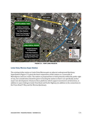 DISCUSSION PAPER • PRESERVING PARADISE • NOVEMBER 2016 C-6
FIGURE C.6 – POINT LOMA PROJECTS
Linda Vista/Morena Super Station
The existing trolley station at Linda Vista/Morena gets an adjacent underground Quickway
SuperStation (Figure C.7), given the future importance of this station as a crossroads of
MetroXpress and Core routes. The station as proposed here is built primarily within the public right
of way, but consideration should be given to locating the station so that it can specifically anchor
major new development. It features three platforms which support movement in all directions, in
addition to spurs linking to Linda Vista Road and Pacific Highway (in addition to the connections to
the Friars Road T-Way and the Morena Quickway).
 