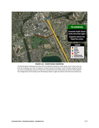 DISCUSSION PAPER • PRESERVING PARADISE • NOVEMBER 2016 C-9
FIGURE C.10 – PACIFIC BEACH UNDERPASS
The Pacific Beach Underpass branches off of the Morena Quickway, which drops into an open trench so
that the Underpass can clear the adjacent railroad tracks and freeway. Transit vehicles using the facility
can save a considerable amount of travel time during those times traffic backs up well into Pacific Beach.
The configuration of the facility by the PB Gateway station (a light rail station) will need to be worked out.
 