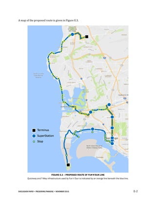 DISCUSSION PAPER • PRESERVING PARADISE • NOVEMBER 2016 E-2
A map of the proposed route is given in Figure E.3.
FIGURE E.3 – PROPOSED ROUTE OF FUN’N’SUN LINE
Quickway and T-Way infrastructure used by Fun’n’Sun is indicated by an orange line beneath the blue line.
 