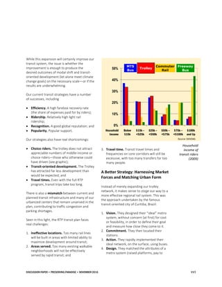 DISCUSSION PAPER • PRESERVING PARADISE • NOVEMBER 2016 xvi
While this expansion will certainly improve our
transit system, the issue is whether the
improvement is enough to produce the
desired outcomes of modal shift and transit-
oriented development (let alone meet climate
change goals) on the necessary scale—or if the
results are underwhelming.
Our current transit strategies have a number
of successes, including
 Efficiency. A high farebox recovery rate
(the share of expenses paid for by riders);
 Ridership. Relatively high light rail
ridership;
 Recognition. A good global reputation; and
 Popularity. Popular support.
Our strategies also have real shortcomings:
 Choice riders. The trolley does not attract
appreciable numbers of middle-income or
choice riders—those who otherwise could
have driven (see graphic);
 Transit-oriented development. The Trolley
has attracted far less development than
would be expected; and
 Travel times. Even with the full RTP
program, transit trips take too long.
There is also a mismatch between current and
planned transit infrastructure and many of our
urbanized centers that remain unserved in the
plan, contributing to traffic congestion and
parking shortages.
Seen in this light, the RTP transit plan faces
real challenges:
1. Ineffective locations. Too many rail lines
will be built in areas with limited ability to
maximize development around transit;
2. Areas served. Too many existing walkable
neighborhoods will not be effectively
served by rapid transit; and
3. Travel time. Transit travel times and
frequencies on core corridors will still be
excessive, with too many transfers for too
many people.
A Better Strategy: Harnessing Market
Forces and Matching Urban Form
Instead of merely expanding our trolley
network, it makes sense to stage our way to a
more effective regional rail system. This was
the approach undertaken by the famous
transit-oriented city of Curitiba, Brazil:
1. Vision. They designed their “ideal” metro
system, without concern (at first) for cost
or feasibility, in order to define their goal
and measure how close they come to it.
2. Commitment. They then located their
stations.
3. Action. They rapidly implemented their
ideal network, on the surface, using buses.
4. Design. They matched the attributes of a
metro system (raised platforms, pay to
Household
income of
transit riders
(2009)
0%
10%
20%
30%
40%
50%
Below
$15k
$15k -
<$25k
$25k -
<$50k
$50k -
<$75k
$75k -
<$100k
$100k
and Up
Household
Income
Below
$15k
$15k –
<$25k
$25k –
<$50k
$50k –
<$75k
$75k –
<$100k
$100k
and Up
MTS
Bus
Trolley
Commuter
Rail
Freeway
Bus
Source: SANDAG
 