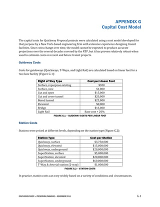 DISCUSSION PAPER • PRESERVING PARADISE • NOVEMBER 2016 G-1
APPENDIX G
Capital Cost Model
The capital costs for Quickway Proposal projects were calculated using a cost model developed for
that purpose by a New York-based engineering firm with extensive experience designing transit
facilities. Since costs change over time, the model cannot be expected to produce accurate
projections over the several decades covered by the RTP, but it has proven relatively robust when
used to estimate costs on recent and future transit projects.
Guideway Costs
Costs for guideways (Quickways, T-Ways, and Light Rail) are calculated based on linear feet for a
two lane facility (Figure G-1):
Right of Way Type Cost per Linear Foot
Surface, repurpose existing $300
Surface, new $1,800
Cut and open $15,000
Cut and cover tunnel $20,000
Bored tunnel $25,000
Elevated $8,000
Bridge $13,000
Light Rail Base cost + 20%
FIGURE G.1 – GUIDEWAY COSTS PER LINEAR FOOT
Station Costs
Stations were priced at different levels, depending on the station type (Figure G.2):
Station Type Cost per Station
Quickway, surface $3,750,000
Quickway, elevated $15,000,000
Quickway, underground $20,000,000
SuperStation, surface $5,000,000
SuperStation, elevated $20,000,000
SuperStation, underground $60,000,000
T-Way & Arterial station (2-way) $1,000,000
FIGURE G.2 – STATION COSTS
In practice, station costs can vary widely based on a variety of conditions and circumstances.
 