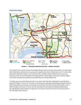 DISCUSSION PAPER • PRESERVING PARADISE • NOVEMBER 2016 I-2
Central San Diego
FIGURE I.1 – PROPOSED INFRASTRUCTURE MAP – CENTRAL SAN DIEGO
The Central zone is home to most of San Diego densest and most urban communities; it is where the
bulk of Quickway infrastructure is proposed, a significant portion of which (just over 13 miles of the
Quickways depicted in Figure I.1) are proposed for undergrounding. While tunnel sections are
expensive, they are warranted given the expected flows of passengers and transit vehicles (Figure
I.2), which are expected to greatly exceed ridership on existing trolley lines.
It is likely, given new development in the core region, that ridership will greatly exceed the flows
depicted in Figure I.2. Even so, ridership on the proposed underground Quickway along the Normal
St/El Cajon Boulevard corridor is projected to exceed the ridership of the parallel trolley route in
Mission Valley by at least 3-4 times, and the ridership of the proposed underground Quickway
through Bankers Hill and Hillcrest expected to exceed, by at least three times, the busiest point on
the existing Trolley network.
 