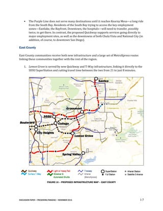 DISCUSSION PAPER • PRESERVING PARADISE • NOVEMBER 2016 I-7
• The Purple Line does not serve many destinations until it reaches Kearny Mesa—a long ride
from the South Bay. Residents of the South Bay trying to access the key employment
zones—Eastlake, the Bayfront, Downtown, the hospitals—will need to transfer, possibly
twice, to get there. In contrast, the proposed Quickway supports services going directly to
major employment sites, as well as the downtowns of both Chula Vista and National City (in
addition, of course, to downtown San Diego).
East County
East County communities receive both new infrastructure and a large set of MetroXpress routes
linking these communities together with the rest of the region.
1. Lemon Grove is served by new Quickway and T-Way infrastructure, linking it directly to the
SDSU SuperStation and cutting travel time between the two from 21 to just 8 minutes.
FIGURE I.6 – PROPOSED INFRASTRUCTURE MAP – EAST COUNTY
 