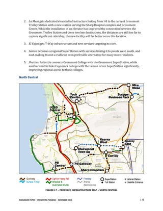DISCUSSION PAPER • PRESERVING PARADISE • NOVEMBER 2016 I-8
2. La Mesa gets dedicated elevated infrastructure linking from I-8 to the current Grossmont
Trolley Station with a new station serving the Sharp Hospital complex and Grossmont
Center. While the installation of an elevator has improved the connection between the
Grossmont Trolley Station and these two key destinations, the distances are still too far to
capture significant ridership; the new facility will far better serve this location.
3. El Cajon gets T-Way infrastructure and new services targeting its core.
4. Santee becomes a regional SuperStation with services linking it to points west, south, and
east, making transit a viable or even preferable alternative for many more residents.
5. Shuttles. A shuttle connects Grossmont College with the Grossmont SuperStation, while
another shuttle links Cuyamaca College with the Lemon Grove SuperStation significantly,
improving regional access to these colleges.
North Central
FIGURE I.7 – PROPOSED INFRASTRUCTURE MAP – NORTH CENTRAL
 