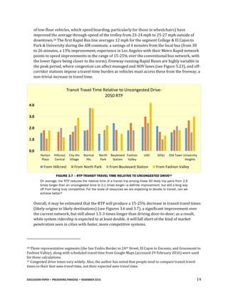 DISCUSSION PAPER • PRESERVING PARADISE • NOVEMBER 2016 14
of low-floor vehicles, which speed boarding, particularly for those in wheelchairs) have
improved the average through-speed of the trolley from 23-24 mph to 25-27 mph outside of
downtown.20 The first Rapid Bus line averages 12 mph for the segment College & El Cajon to
Park & University during the AM commute, a savings of 4 minutes from the local bus (from 30
to 26 minutes, a 13% improvement; experience in Los Angeles with their Metro Rapid network
points to speed improvements in the range of 15-25% over the conventional bus network, with
the lower figure being closer to the norm). Freeway-running Rapid Buses are highly variable in
the peak period, where congestion can affect managed and HOV lanes (see Figure 5.23), and off-
corridor stations impose a travel-time burden as vehicles must access these from the freeway, a
non-trivial increase in travel time.
FIGURE 3.7 – RTP TRANSIT TRAVEL TIME RELATIVE TO UNCONGESTED DRIVE21
On average, the RTP reduces the relative time of a transit trip among these 40 likely trip pairs from 2.6
times longer than an uncongested drive to 2.1 times longer—a definite improvement, but still a long way
off from being truly competitive. For the scale of resources we are expecting to devote to transit, can we
achieve better?
Overall, it may be estimated that the RTP will produce a 15-25% decrease in transit travel times
(likely origins to likely destinations) (see Figures 3.6 and 3.7), a significant improvement over
the current network, but still about 1.5-3 times longer than driving door-to-door; as a result,
while system ridership is expected to at least double, it will fall short of the kind of market
penetration seen in cities with faster, more competitive systems.
20 Three representative segments (the San Ysidro Border to 24th Street, El Cajon to Encanto, and Grossmont to
Fashion Valley), along with scheduled travel time from Google Maps (accessed 29 February 2016) were used
for these calculations.
21 Congested drive times vary widely. Also, the author has noted that people tend to compare transit travel
times to their best auto travel time, not their expected auto travel time.
0.0
1.0
2.0
3.0
4.0
Horton
Plaza
Hillcrest
Central
City Hts
Village
Normal
Hts
North
Park
Boulevard
Station
Fashion
Valley
USD SDSU Old Town University
Heights
Transit Travel Time Relative to Uncongested Drive:
2050 RTP
From Hillcrest From North Park From Boulevard Station From Fashion Valley
 