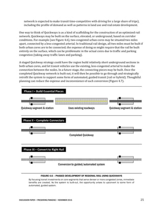 DISCUSSION PAPER • PRESERVING PARADISE • NOVEMBER 2016 25
network is expected to make transit time-competitive with driving for a large share of trips),
including the profile of demand as well as patterns in land use and real estate development.
One way to think of Quickways is as a kind of scaffolding for the construction of an optimized rail
network. Quickways may be built on the surface, elevated, or underground, based on corridor
conditions. For example (see Figure 4.6), two congested urban cores may be situated two miles
apart, connected by a less-congested arterial. In traditional rail design, all two miles must be built if
both urban cores are to be connected; the expense of doing so might require that the rail be built
entirely on the surface, which can be problematic in the actual cores due to traffic and parking
congestion (taking away traffic lanes and parking).
A staged Quickway strategy could have the region build relatively short underground sections in
both urban cores, and let transit vehicles use the existing, less-congested arterial to make the
connection between the nodes. In a future stage, the connecting pieces may be built. Once the
completed Quickway network is built out, it will then be possible to go through and strategically
retrofit the system to support some form of automated, guided transit (rail or hybrid). Thoughtful
planning can reduce the expense and inconvenience of such conversion (Figure 4.7).
FIGURE 4.6 – PHASED DEVELOPMENT OF REGIONAL RAIL USING QUICKWAYS
By focusing transit investments on core segments that serve denser or more congested zones, immediate
benefits are created. As the system is built-out, the opportunity arises to upconvert to some form of
automated, guided system.
 