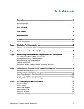 DISCUSSION PAPER • PRESERVING PARADISE • NOVEMBER 2016 vii
Table of Contents
Foreword .............................................................................................................................. iii
Acknowledgments ...................................................................................................................v
Table of Contents...................................................................................................................vii
Table of Figures.......................................................................................................................x
Executive Summary................................................................................................................ xv
Preface.............................................................................................................................. xxiii
A Note on Terminology........................................................................................................................xxiii
Chapter 1 Introduction: The Challenges of the Future................................................................................1
Sidebar: What Are Market Forces? ....................................................................................................... 3
Chapter 2 Goals for Transportation and Land Use Planning........................................................................ 5
Chapter 3 Understanding Our Current Plans for Transportation and Land Use Development ..........................7
The RTP Scenario: Transportation and Land Use................................................................................. 7
Accomplishments of Our Current Strategies ........................................................................................ 9
Shortcomings of Our Current Strategies............................................................................................. 10
Sidebar: Signal Priority......................................................................................................................... 10
Conclusions: Will Our Current Strategies Accomplish Our Goals?..................................................... 15
Chapter 4 A Better Strategy: Harnessing Market Forces and Matching Urban Form.................................... 17
Evolving a Better Rail System.............................................................................................................. 17
Sidebar: Building on Success… or Just Building?............................................................................... 18
Steps Toward Evolving a More Effective System................................................................................ 22
Sidebar: What Is a Quickway? ............................................................................................................. 24
Evolving a More Effective Land Use Strategy ..................................................................................... 29
Chapter 5 The Quickway Proposal: A Better Transit Plan .......................................................................... 30
Station Location ................................................................................................................................... 34
Station Design ...................................................................................................................................... 37
MetroXpress Network........................................................................................................................... 42
Rapid Infrastructure............................................................................................................................. 44
Integrated by Design............................................................................................................................ 48
Migration to Right Rail ......................................................................................................................... 50
 