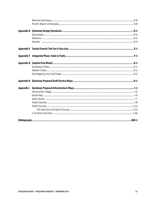 DISCUSSION PAPER • PRESERVING PARADISE • NOVEMBER 2016 ix
Morena Quickway................................................................................................................................ C-8
Pacific Beach Underpass.................................................................................................................... C-8
Appendix D Quickway Design Standards..................................................................................................D-1
Quickways............................................................................................................................................D-2
Stations ...............................................................................................................................................D-2
Routes ...............................................................................................................................................D-3
Appendix E Tourist Transit: The Fun’n’Sun Line ........................................................................................ E-1
Appendix F Integrated Plans: Sails to Trails............................................................................................. F-1
Appendix G Capital Cost Model..............................................................................................................G-1
Guideway Costs...................................................................................................................................G-1
Station Costs .......................................................................................................................................G-1
Contingency and LEA Costs ................................................................................................................G-2
Appendix H Quickway Proposal Draft Service Maps ..................................................................................H-1
Appendix I Quickway Proposal Infrastructure Maps..................................................................................I-1
Central San Diego ................................................................................................................................ I-2
South Bay ............................................................................................................................................. I-4
East County ......................................................................................................................................... I-7
North Central ........................................................................................................................................ I-8
North County....................................................................................................................................... I-11
The Sprinter and North County................................................................................................... I-13
I-15 North Corridor ............................................................................................................................. I-16
Bibliography .......................................................................................................................................BIB-1
 
