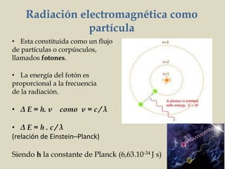 Radiación electromagnética como
partícula
• Esta constituida como un flujo
de partículas o corpúsculos,
llamados fotones.
• La energía del fotón es
proporcional a la frecuencia
de la radiación.
• Δ E = h. ν como ν = c / λ
• Δ E = h . c / λ
(relación de Einstein–Planck)
Siendo h la constante de Planck (6,63.10-34 J s)
 
