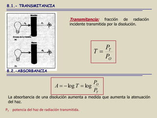 8.1.- TRANSMITANCIA
Transmitancia: fracción de radiación
incidente transmitida por la disolución.
O
T
P
P
T 
8.2.-ABSORBANCIA
La absorbancia de una disolución aumenta a medida que aumenta la atenuación
del haz.
T
O
P
P
T
A log
log 


PT potencia del haz de radiación transmitida.
 