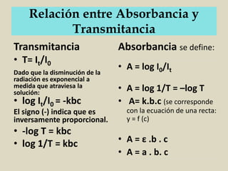 Relación entre Absorbancia y
Transmitancia
Transmitancia
• T= It/I0
Dado que la disminución de la
radiación es exponencial a
medida que atraviesa la
solución:
• log It/I0 = -kbc
El signo (-) indica que es
inversamente proporcional.
• -log T = kbc
• log 1/T = kbc
Absorbancia se define:
• A = log I0/It
• A = log 1/T = –log T
• A= k.b.c (se corresponde
con la ecuación de una recta:
y = f (c)
• A = ε .b . c
• A = a . b. c
 