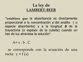 La ley de
LAMBERT-BEER
“establece que la absorbancia es directamente
proporcional a la concentración c del analito ( o
especie absorbente) y a la longitud b de la
trayectoria (o espesor de la cubeta) cuando un
haz de luz atraviesa la solución"
A= ε . b . C
se corresponde con la ecuación de una
recta: y = f (x)
 