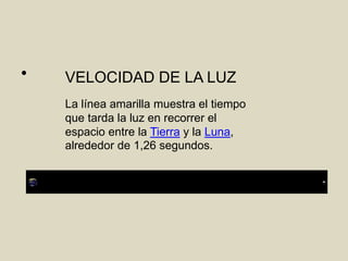 • VELOCIDAD DE LA LUZ
La línea amarilla muestra el tiempo
que tarda la luz en recorrer el
espacio entre la Tierra y la Luna,
alrededor de 1,26 segundos.
 