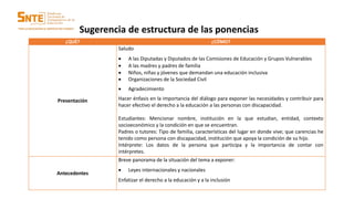 Sugerencia de estructura de las ponencias
¿QUÉ? ¿CÓMO?
Presentación
Saludo
 A las Diputadas y Diputados de las Comisiones de Educación y Grupos Vulnerables
 A las madres y padres de familia
 Niños, niñas y jóvenes que demandan una educación inclusiva
 Organizaciones de la Sociedad Civil
 Agradecimiento
Hacer énfasis en la importancia del diálogo para exponer las necesidades y contribuir para
hacer efectivo el derecho a la educación a las personas con discapacidad.
Estudiantes: Mencionar nombre, institución en la que estudian, entidad, contexto
socioeconómico y la condición en que se encuentran.
Padres o tutores: Tipo de familia, características del lugar en donde vive; que carencias he
tenido como persona con discapacidad, institución que apoya la condición de su hijo.
Intérprete: Los datos de la persona que participa y la importancia de contar con
intérpretes.
Antecedentes
Breve panorama de la situación del tema a exponer:
 Leyes internacionales y nacionales
Enfatizar el derecho a la educación y a la inclusión
 