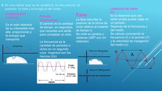  En una señal que es la amplitud, la frecuencia, el
periodo, la fase y la longitud de onda.
Amplitud pico
(máxima)
:
Es el valor absoluto
de su intensidad más
alta, proporcional a
la energía que
transporta
Periodo
y frecuencia
El periodo es la cantidad
de tiempo, en segundos,
que necesita una señal
para completar un ciclo.
La frecuencia es la
cantidad de periodos o
ciclos en un segundo,
cuya magnitud son los
Herzios (Hz)
.
Fase
La fase describe la
posición de la forma de
onda relativa al instante
de tiempo 0.
Se mide en grados o
radianes (360º son 2π
radianes).
LONGITUD DE ONDA
(λ):
Es la distancia que una
señal simple puede viajar en
un periodo.
Depende de la frecuencia y
del medio.
Se calcula conociendo la
frecuencia (f) o el periodo (T)
y la velocidad de ropagación
del medio (c).
 