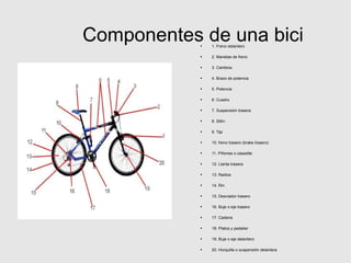 Componentes de una bici 1. Freno delantero 2. Manetas de freno 3. Cambios 4. Brazo de potencia 5. Potencia 6. Cuadro 7. Suspensión trasera 8. Sillín 9. Tija 10. freno trasero (brake trasero) 11. Piñones o cassette 12. Llanta trasera 13. Radios 14. Rin 15. Desviador trasero 16. Buje o eje trasero 17. Cadena 18. Platos y pedalier 19. Buje o eje delantero 20. Horquilla o suspensión delantera 