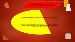 La interpolación lineal es un proceso que permite deducir un valor entre dos
valores bien definidos, que pueden estar en una tabla o en un gráfico lineal.
Por ejemplo, si se sabe que 3 litros de lechen valen 4 $ y que 5 litros valen 7 $,
pero se quiere saber cuál es el valor de 4 litros de leche, se interpola para
determinar ese valor intermedio.
Definición Interpolación lineal
 
