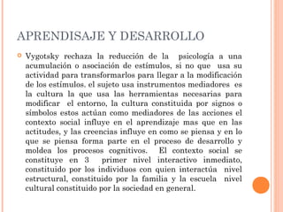 APRENDISAJE Y DESARROLLO
 Vygotsky rechaza la reducción de la psicología a una
acumulación o asociación de estímulos, si no que usa su
actividad para transformarlos para llegar a la modificación
de los estímulos. el sujeto usa instrumentos mediadores es
la cultura la que usa las herramientas necesarias para
modificar el entorno, la cultura constituida por signos o
símbolos estos actúan como mediadores de las acciones el
contexto social influye en el aprendizaje mas que en las
actitudes, y las creencias influye en como se piensa y en lo
que se piensa forma parte en el proceso de desarrollo y
moldea los procesos cognitivos. El contexto social se
constituye en 3 primer nivel interactivo inmediato,
constituido por los individuos con quien interactúa nivel
estructural, constituido por la familia y la escuela nivel
cultural constituido por la sociedad en general.
 