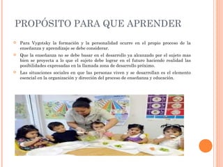 PROPÓSITO PARA QUE APRENDER
 Para Vygotsky la formación y la personalidad ocurre en el propio proceso de la
enseñanza y aprendizaje se debe considerar.
 Que la enseñanza no se debe basar en el desarrollo ya alcanzado por el sujeto mas
bien se proyecta a lo que el sujeto debe lograr en el futuro haciendo realidad las
posibilidades expresadas en la llamada zona de desarrollo próximo.
 Las situaciones sociales en que las personas viven y se desarrollan es el elemento
esencial en la organización y dirección del proceso de enseñanza y educación.
 