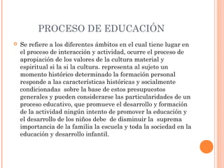 PROCESO DE EDUCACIÓN
 Se refiere a los diferentes ámbitos en el cual tiene lugar en
el proceso de interacción y actividad, ocurre el proceso de
apropiación de los valores de la cultura material y
espiritual si la si la cultura. representa al sujeto un
momento histórico determinado la formación personal
responde a las características históricas y socialmente
condicionadas sobre la base de estos presupuestos
generales y pueden considerarse las particularidades de un
proceso educativo, que promueve el desarrollo y formación
de la actividad ningún intento de promover la educación y
el desarrollo de los niños debe de disminuir la suprema
importancia de la familia la escuela y toda la sociedad en la
educación y desarrollo infantil.
 