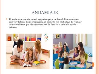 ANDAMIAJE
 El andamiaje consiste en el apoyo temporal de los adultos (maestros
padres y tutores ) que proporciona al pequeño con el objetivo de realizar
una tarea hasta que el niño sea capaz de llevarla a cabo sin ayuda
externa.
 