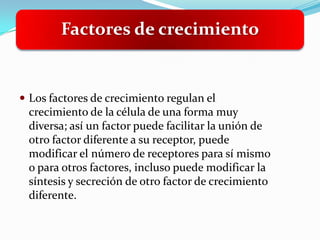 Factores de crecimiento


 Los factores de crecimiento regulan el
 crecimiento de la célula de una forma muy
 diversa; así un factor puede facilitar la unión de
 otro factor diferente a su receptor, puede
 modificar el número de receptores para sí mismo
 o para otros factores, incluso puede modificar la
 síntesis y secreción de otro factor de crecimiento
 diferente.
 